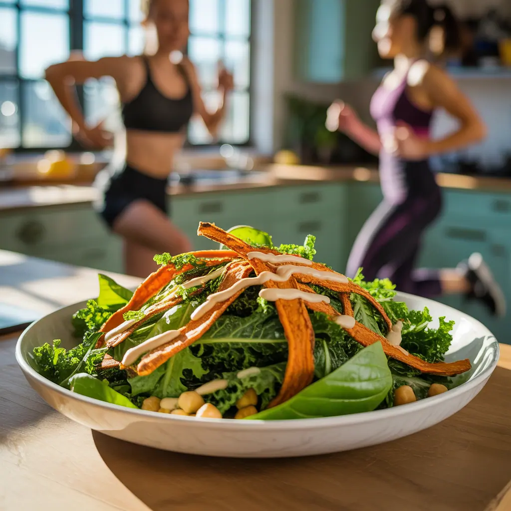 vegan caesar salad with sweet potato