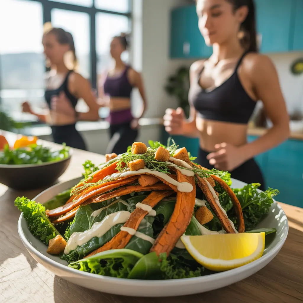 vegan caesar salad with sweet potato
