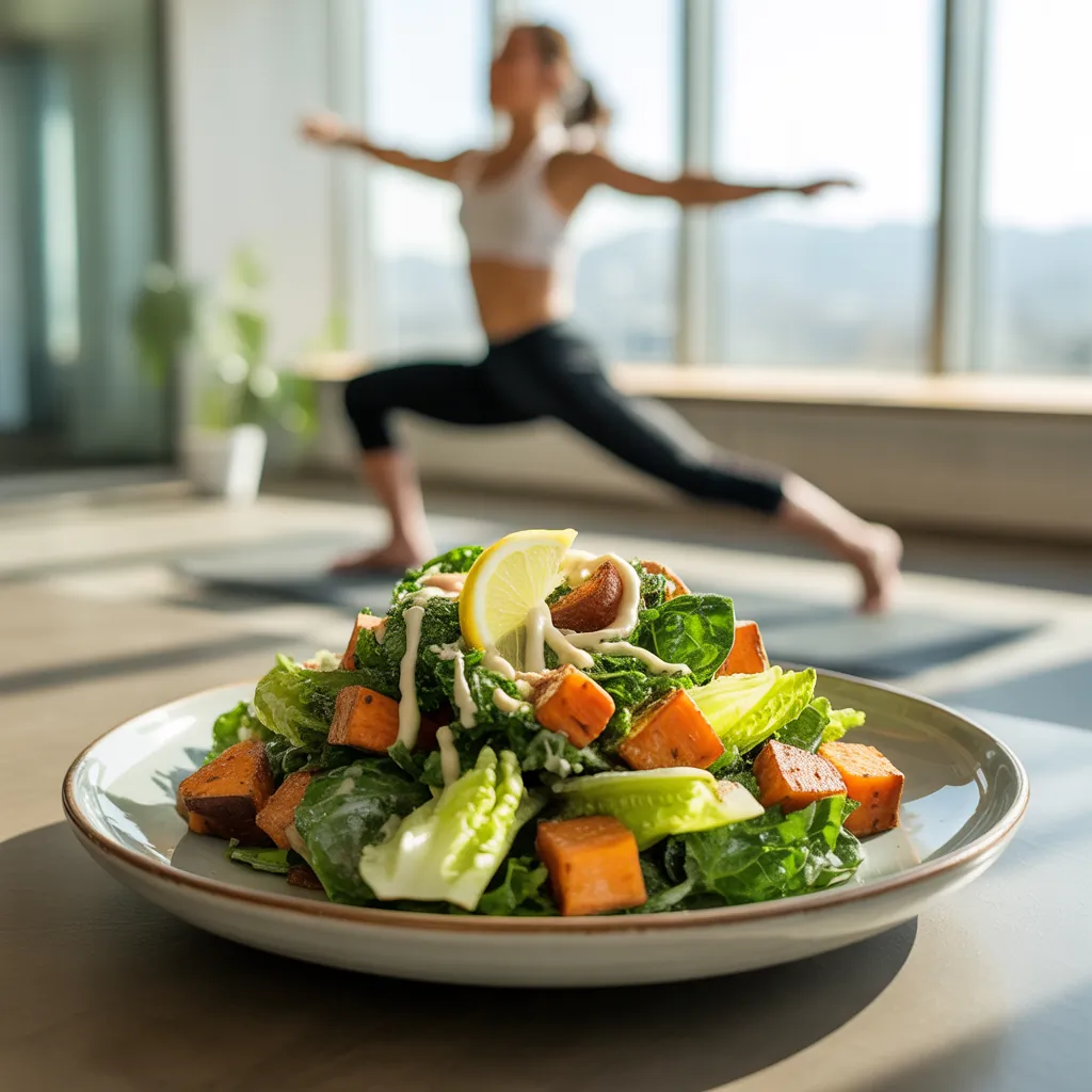 vegan caesar salad with sweet potato
