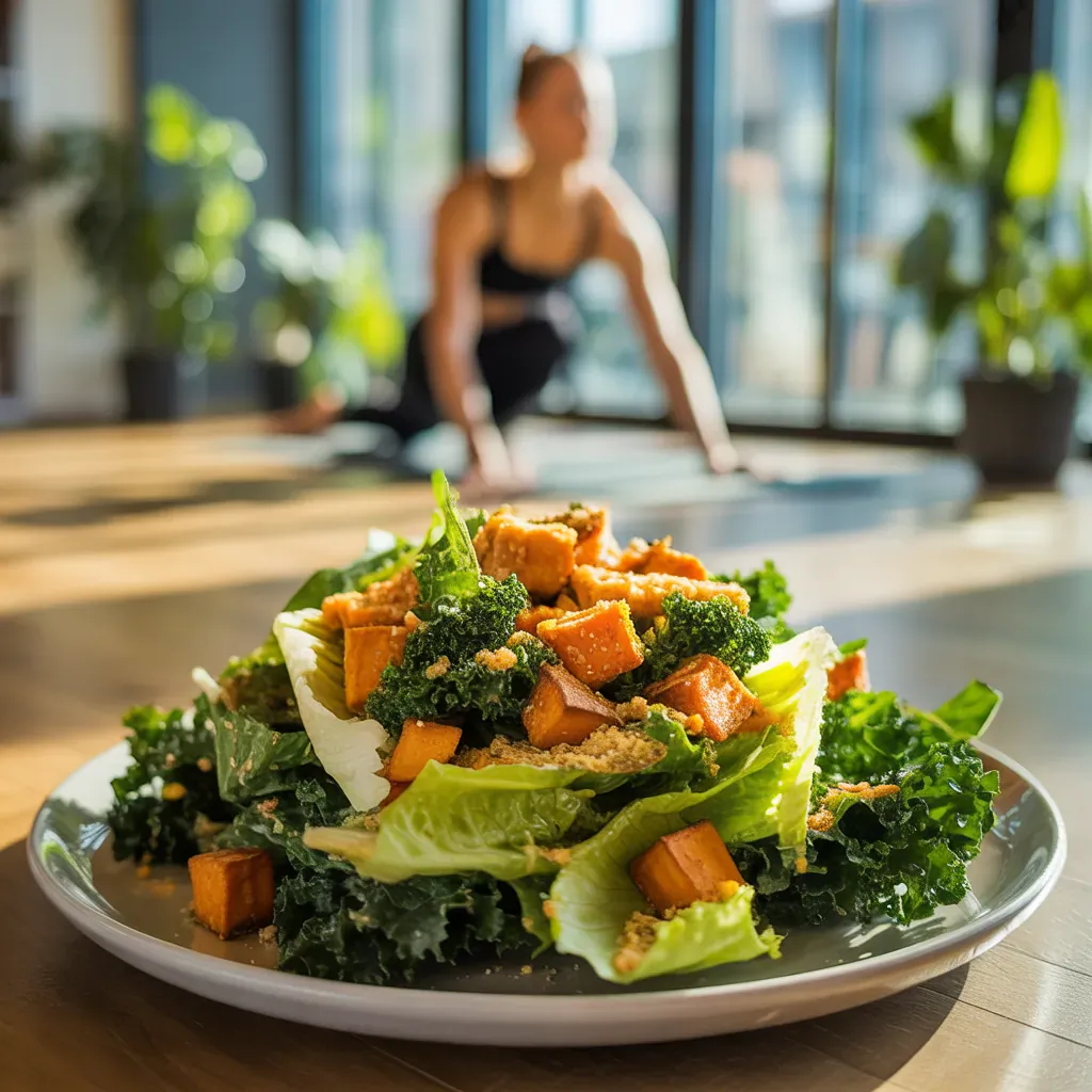 vegan caesar salad with sweet potato