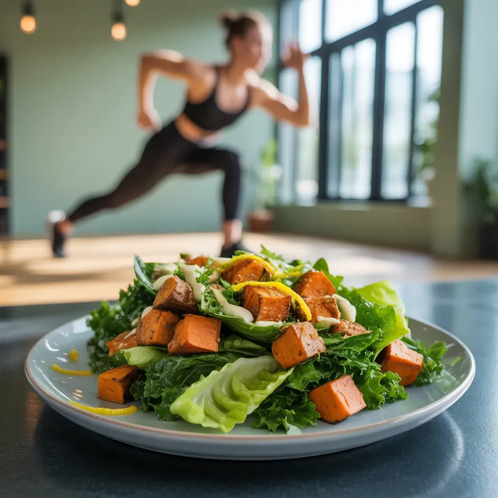 vegan caesar salad with sweet potato