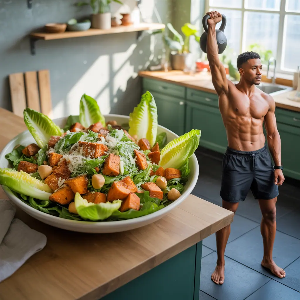 vegan caesar salad with sweet potato