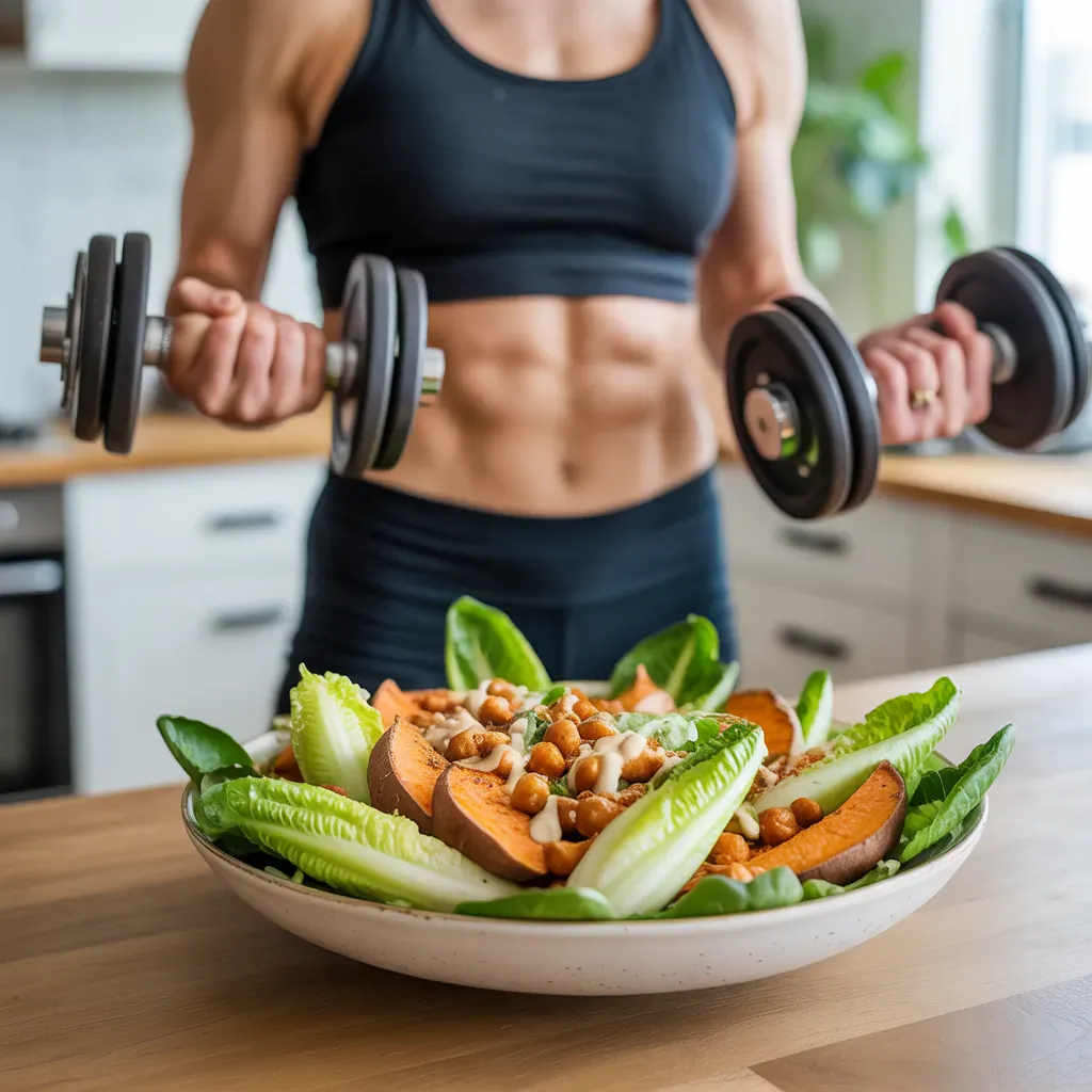 vegan caesar salad with sweet potato
