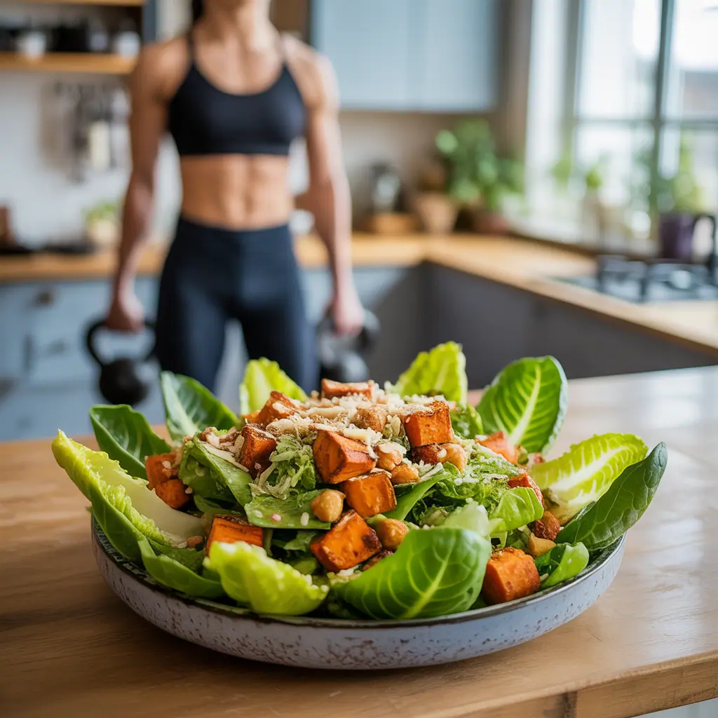 vegan caesar salad with sweet potato