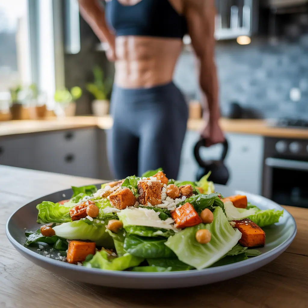 vegan caesar salad with sweet potato