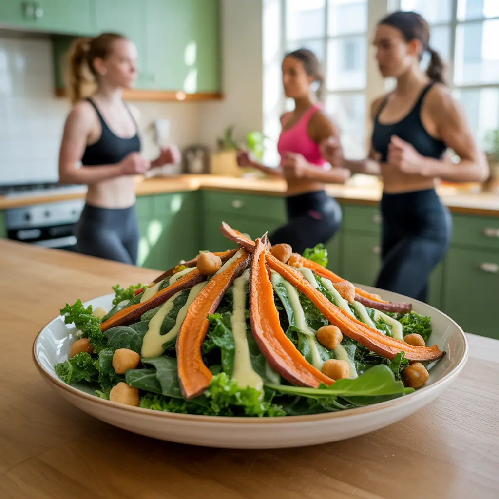 vegan caesar salad with sweet potato