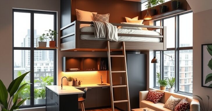 Open-plan interior with compact bunk bed house furniture